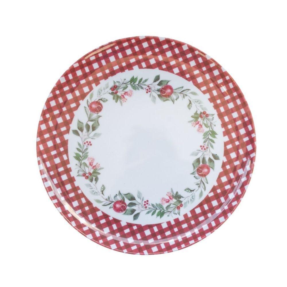 Prato De Jantar Natalino Melamina Folhagens, Azevinhos E Romã Borda Xadrez Bordô Fosco 27,5cm - 2