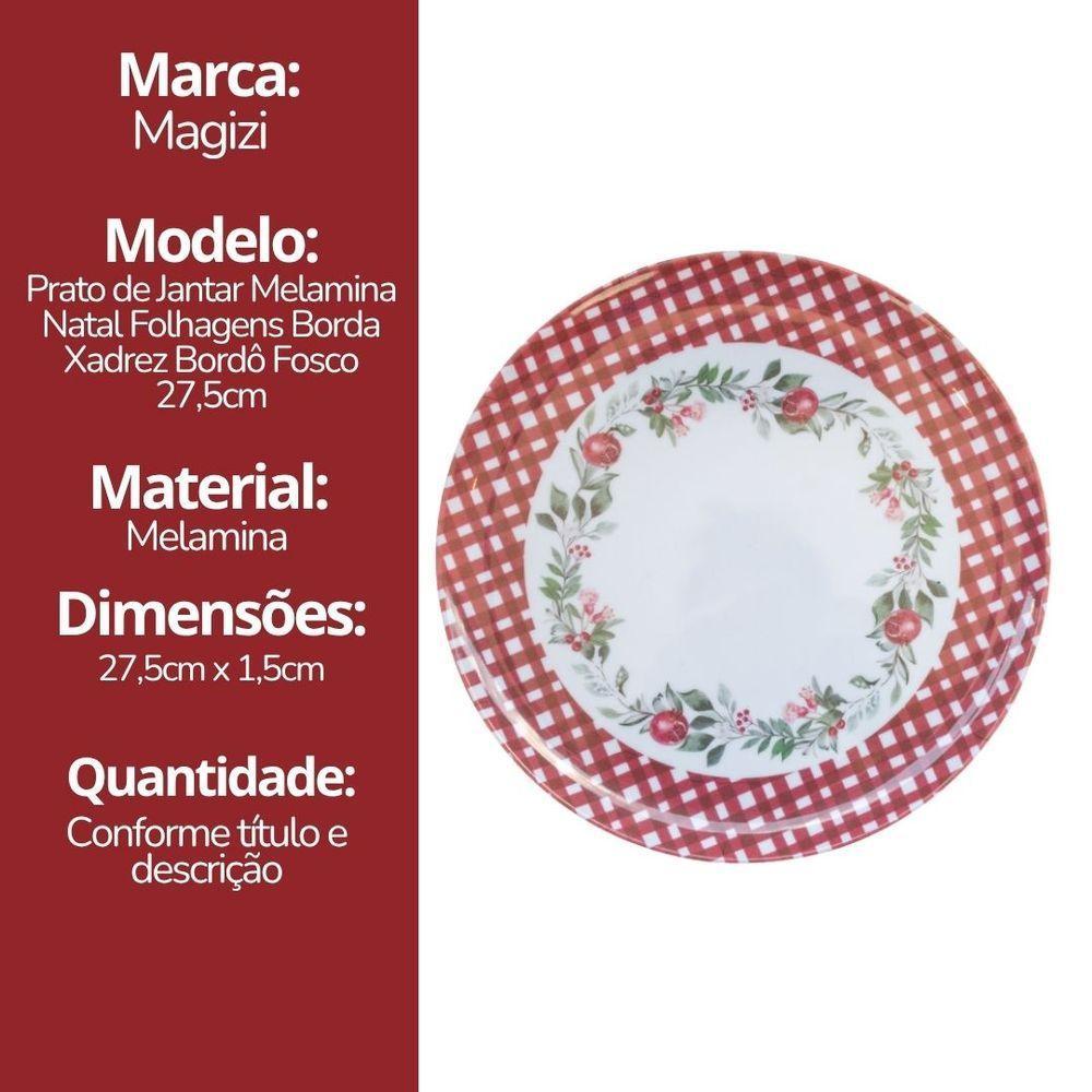 Prato De Jantar Natalino Melamina Folhagens, Azevinhos E Romã Borda Xadrez Bordô Fosco 27,5cm - 7