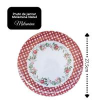 Prato De Jantar Natalino Melamina Folhagens, Azevinhos E Romã Borda Xadrez Bordô Fosco 27,5cm