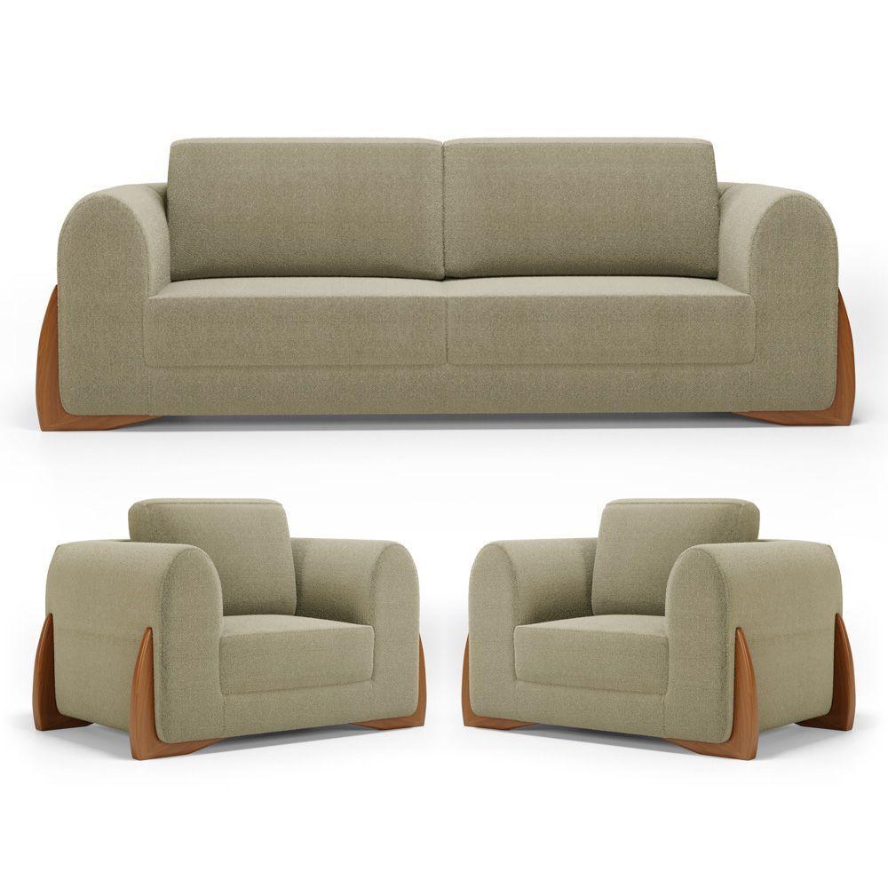 Kit 02 Poltronas E 01 Sofá Bloom 200cm 03 Lugares Com Pés De Madeira Bouclê Bege - Abmaza - 1