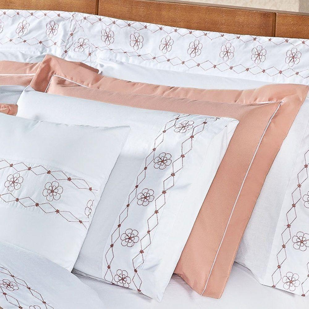 Edredom + Jogo De Cama 200 Fios Damasco Queen 15 Peças 100% Poliéster - Branco/salmao - 2