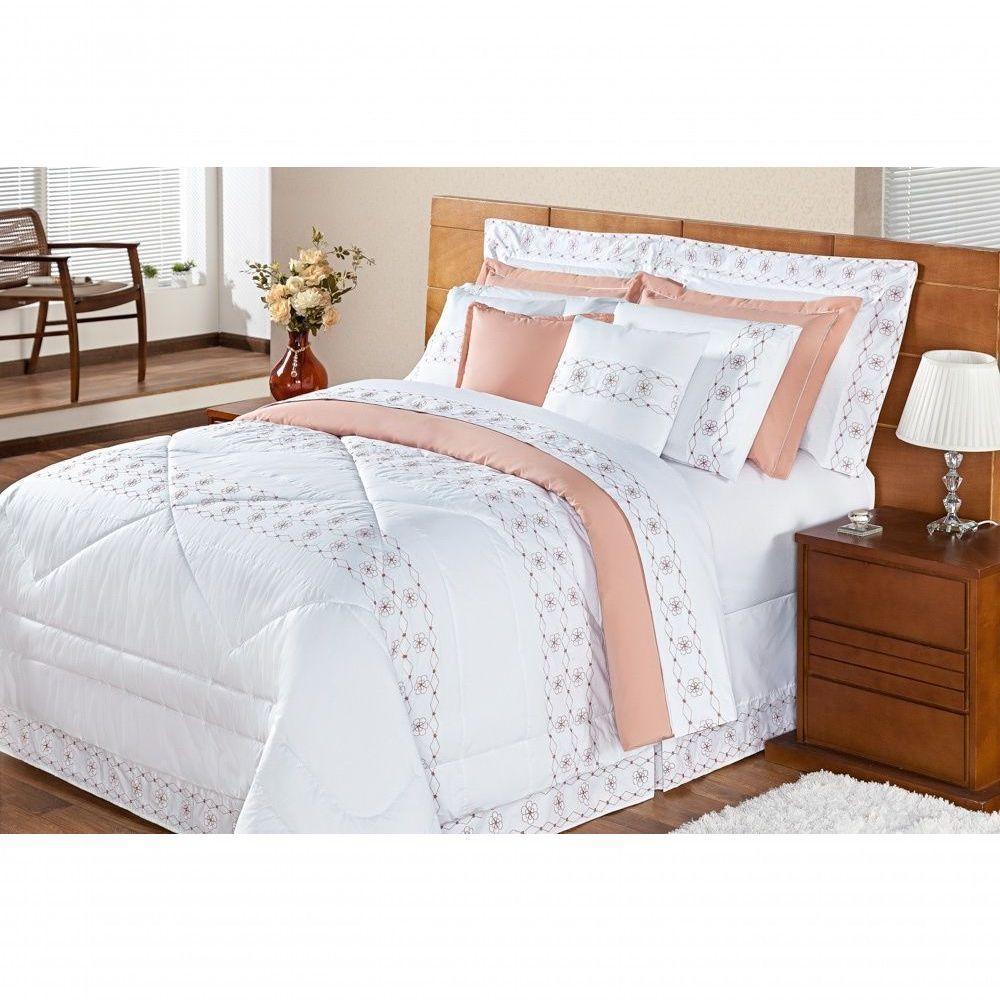 Edredom + Jogo De Cama 200 Fios Damasco Queen 15 Peças 100% Poliéster - Branco/salmao - 3