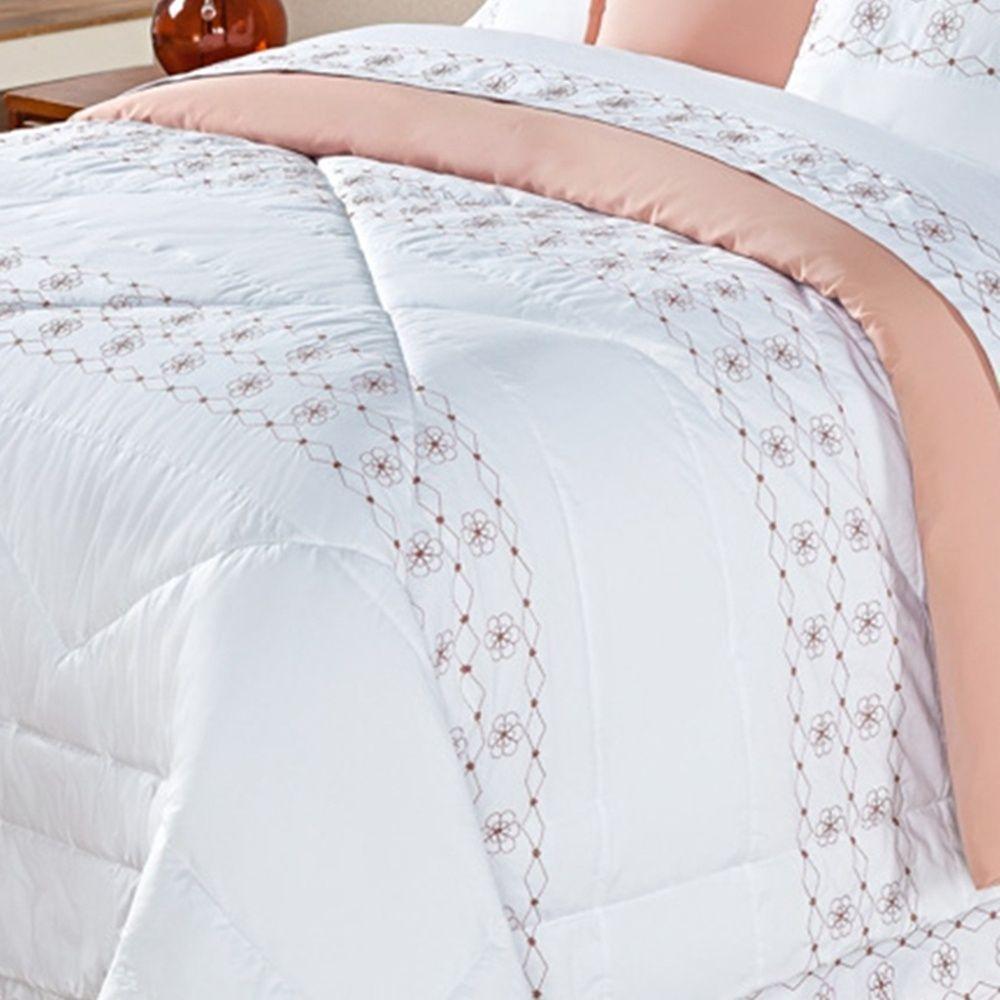 Edredom + Jogo De Cama 200 Fios Damasco Queen 15 Peças 100% Poliéster - Branco/salmao - 4