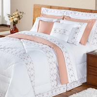 Edredom + Jogo De Cama 200 Fios Damasco Queen 15 Peças 100% Poliéster - Branco/salmao - 1