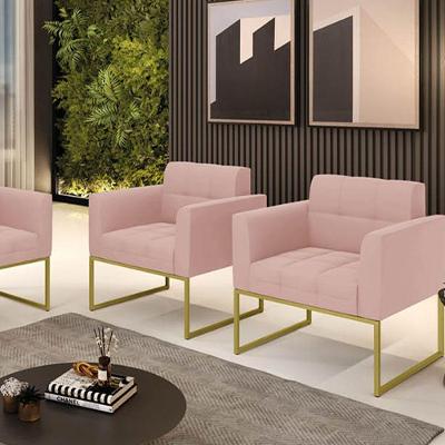 Kit 2 Poltronas Elisa D03 Veludo Rosa Base Metálica Industrial Dourado D'Rossi