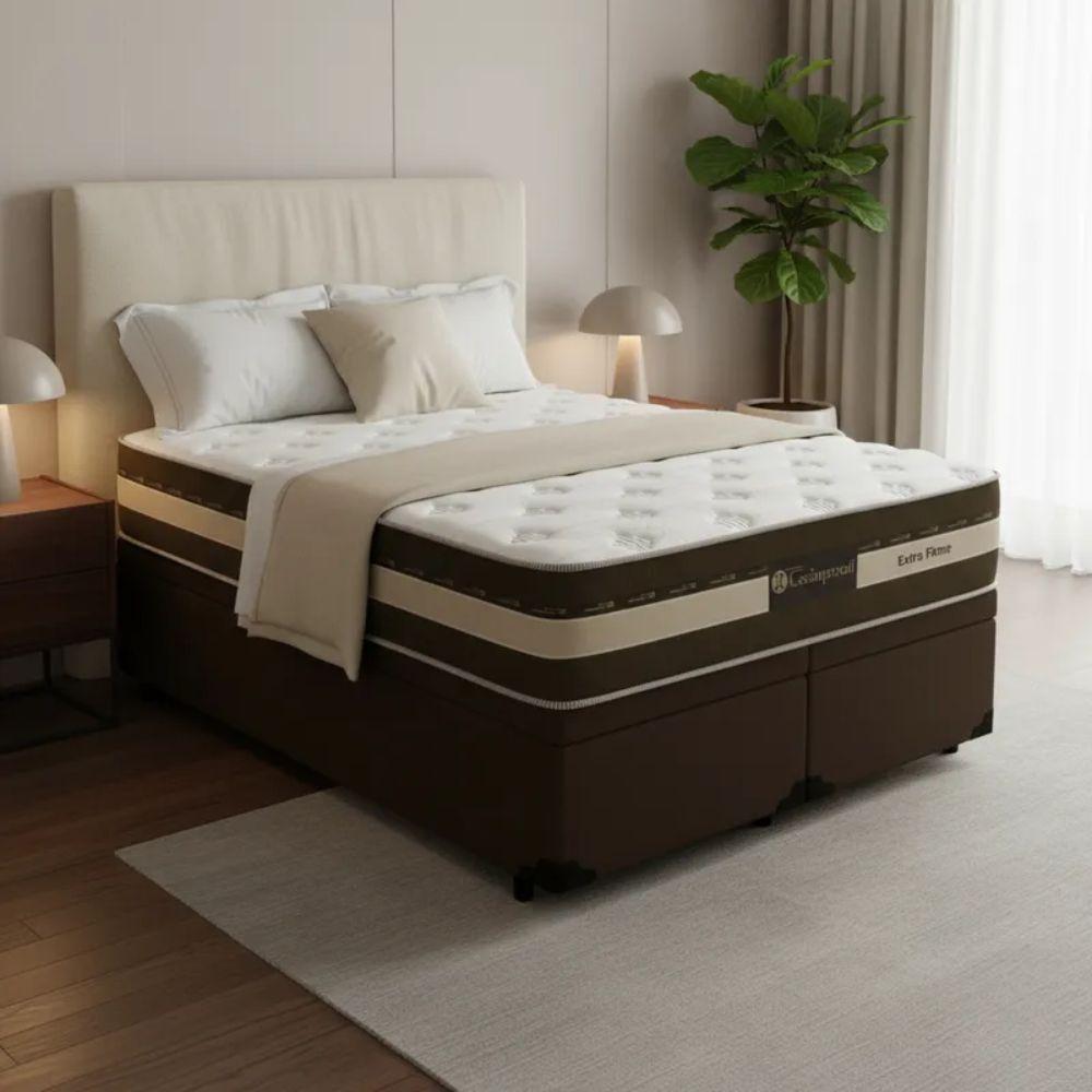 Cama Box Baú Queen Sintético + Colchão Esplendor Molas Ensacadas Luckspuma 158x198x75 Cor:marrom - 1