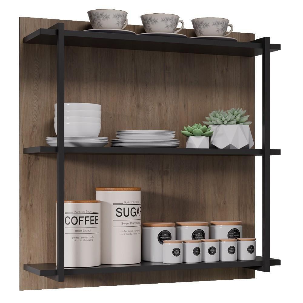 Prateleira Industrial Cozinha Tripla Com Painel Flora Z34 Freijó/preto - Mpozenato - 1