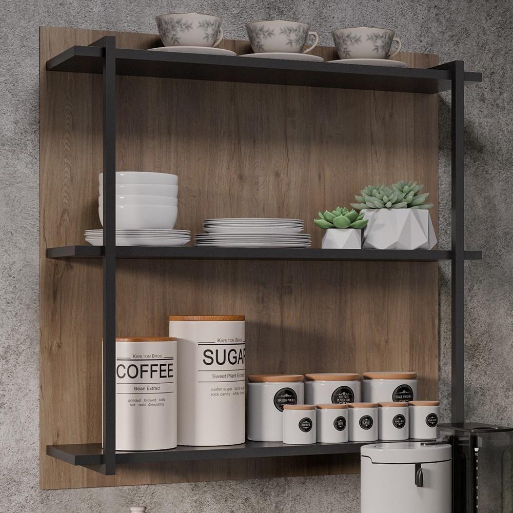 Prateleira Industrial Cozinha Tripla Com Painel Flora Z34 Freijó/preto - Mpozenato - 2
