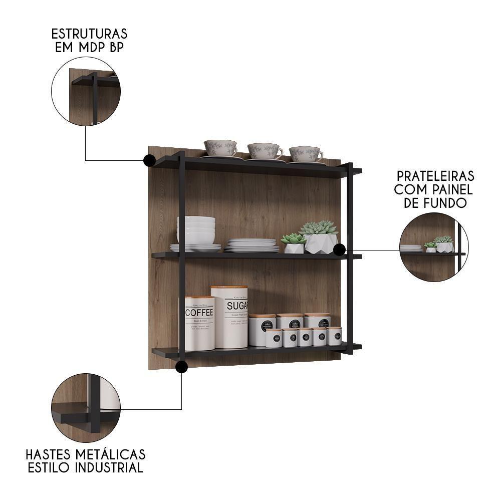 Prateleira Industrial Cozinha Tripla Com Painel Flora Z34 Freijó/preto - Mpozenato - 3