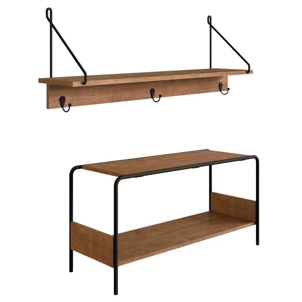 Kit Prateleira Decorativa E Sapateira Banco Para Hall De Entrada Tube Vermont/preto - Artesano - 1