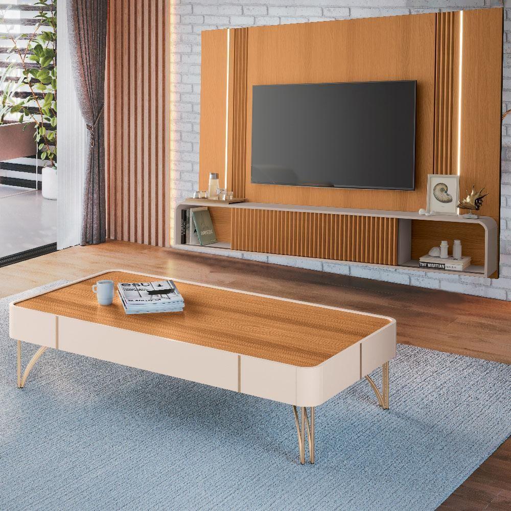 Painel Para Tv 85 Pol Vivaz E Mesa De Centro Alane H01 Off White-cinamomo - Mpozenato - 4