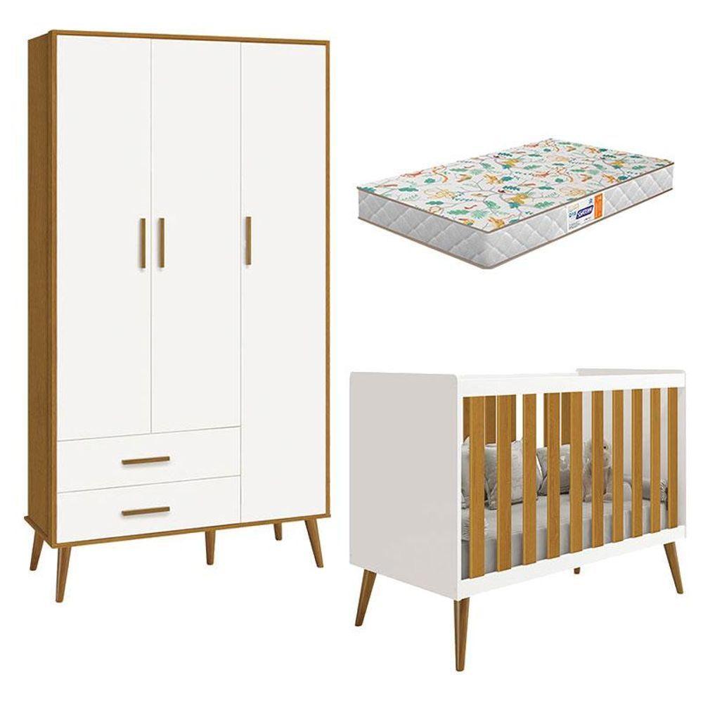 Berço Americano E Guarda Roupa Infantil 3 Portas Isis Branco Acetinado Savana Com Colchão Gazin - 1