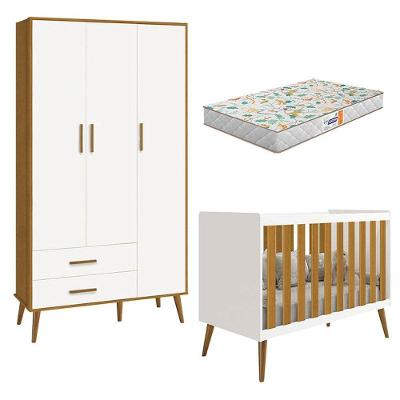 Berço Americano E Guarda Roupa Infantil 3 Portas Isis Branco Acetinado Savana Com Colchão Gazin