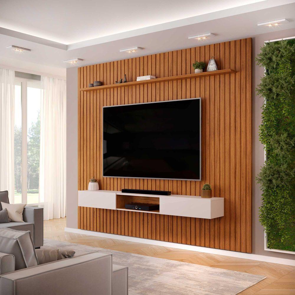 Painel Ripado Com Bancada Suspensa Para Tv Até 75 Polegadas 275 Trento Freijó/off White - Dj Móveis - 1