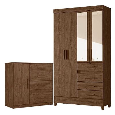 Guarda Roupa Solteiro com Cômoda Sobral Vênus 4 Portas 4 Gavetas MDP com Espelho Castanho Wood Fosco