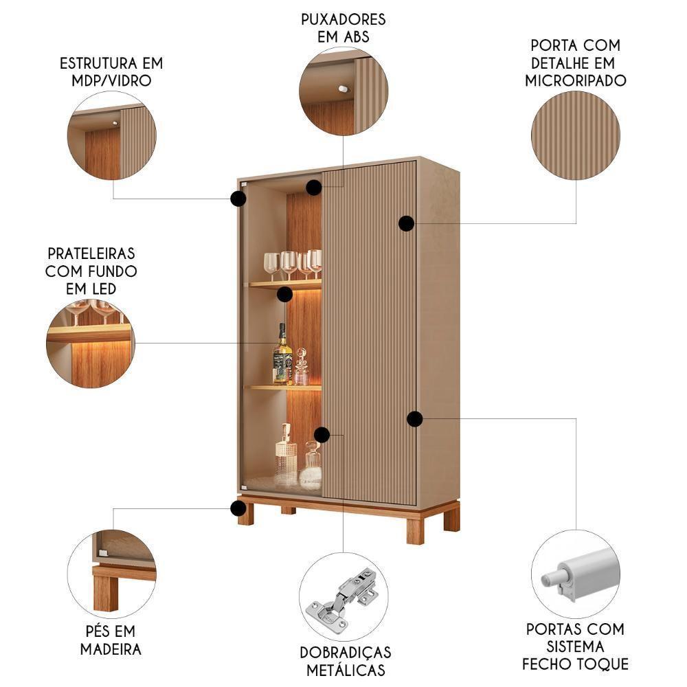 Cristaleira Porta De Vidro Com Led 90cm Lucca Areia/freijó C01 - Mpozenato - 3