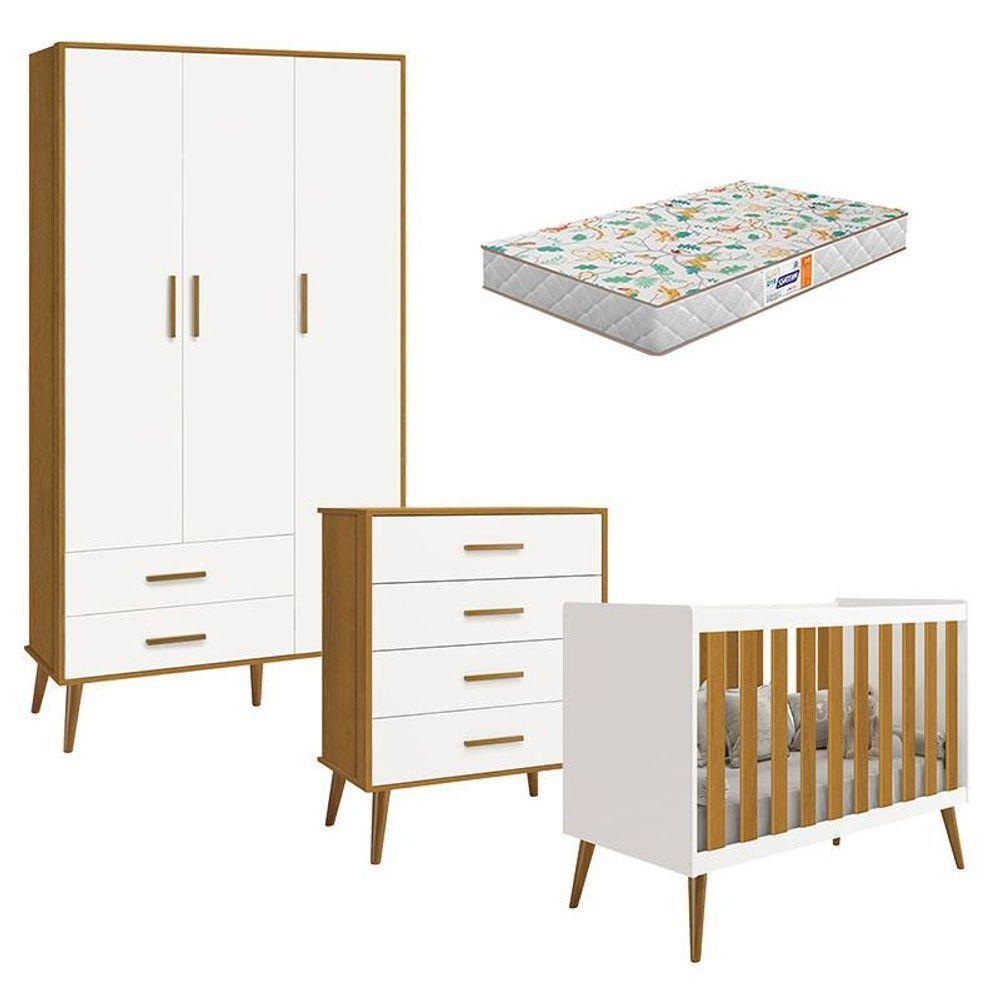 Quarto De Bebê Isis 3 Portas Com Gaveteiro Branco Acetinado Savana E Colchão Gazin - Reller - 1
