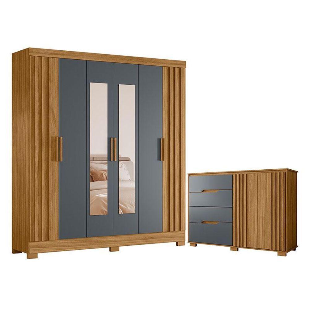 Guarda Roupa Casal Valença Com Espelho E Cômoda Texas Freijó Cinza - Moval - 1