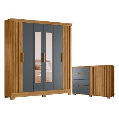 Guarda Roupa Casal Valença Com Espelho E Cômoda Texas Freijó Cinza - Moval