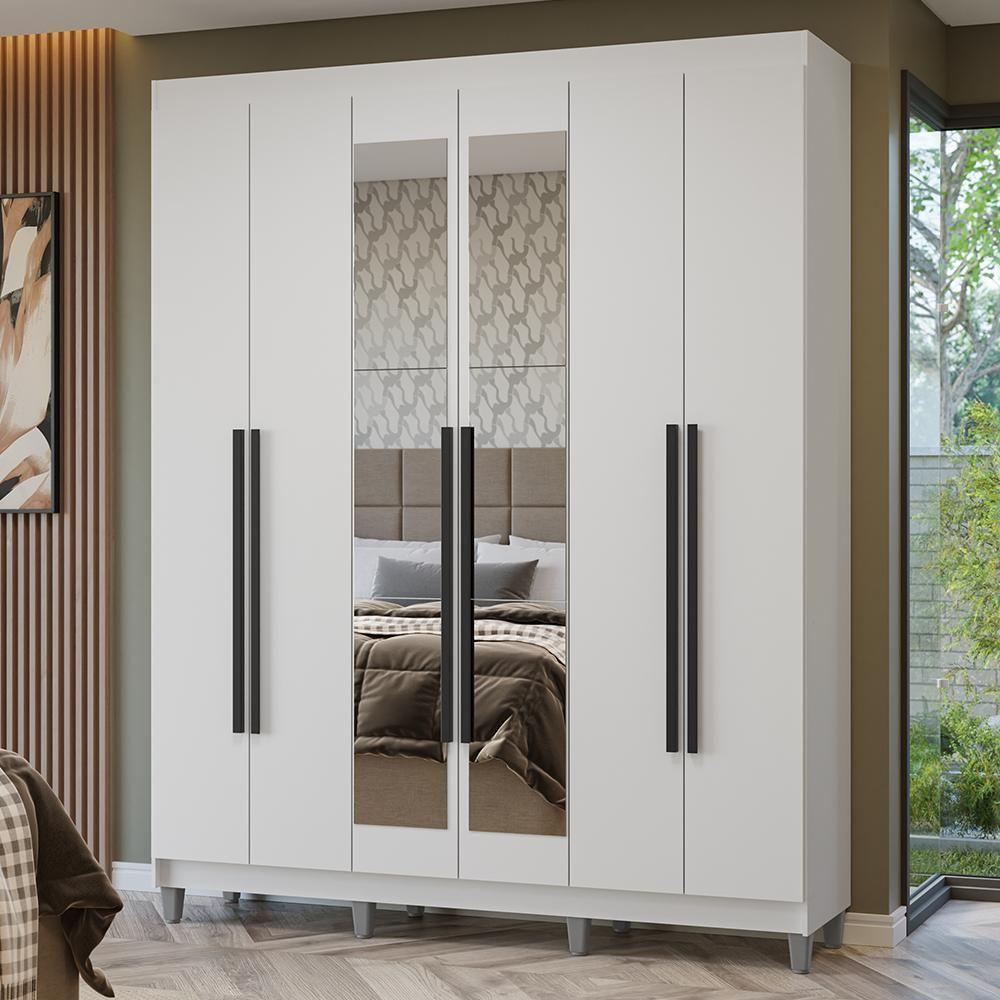 Guarda-roupa Casal Com Pés 6 Portas Batentes Com Espelho Branco/branco/preto Netuno Madesa - 1