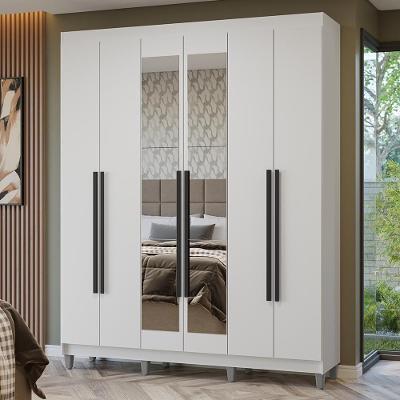 Guarda-roupa Casal Com Pés 6 Portas Batentes Com Espelho Branco/branco/preto Netuno Madesa