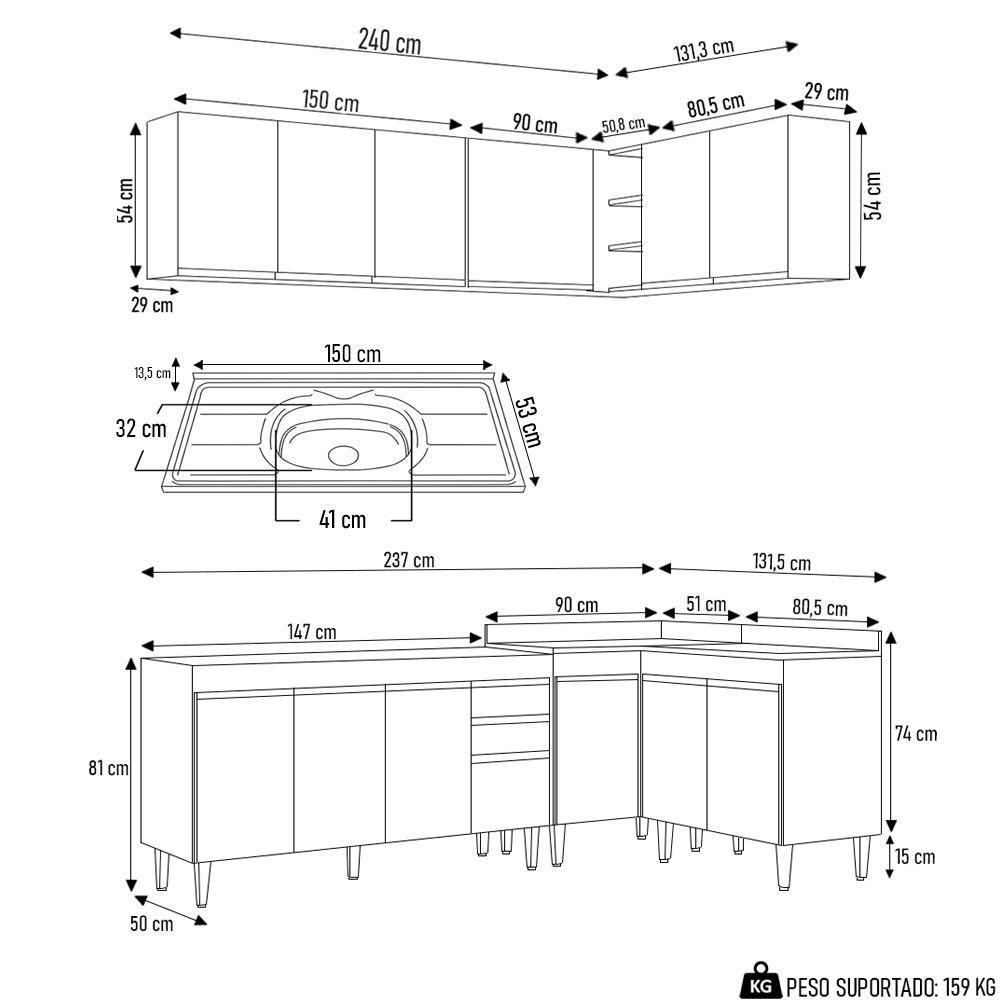 Armário De Cozinha Modulado De Canto 6 Peças Cp33 Com Pia Inox Branco - Lumil - 4