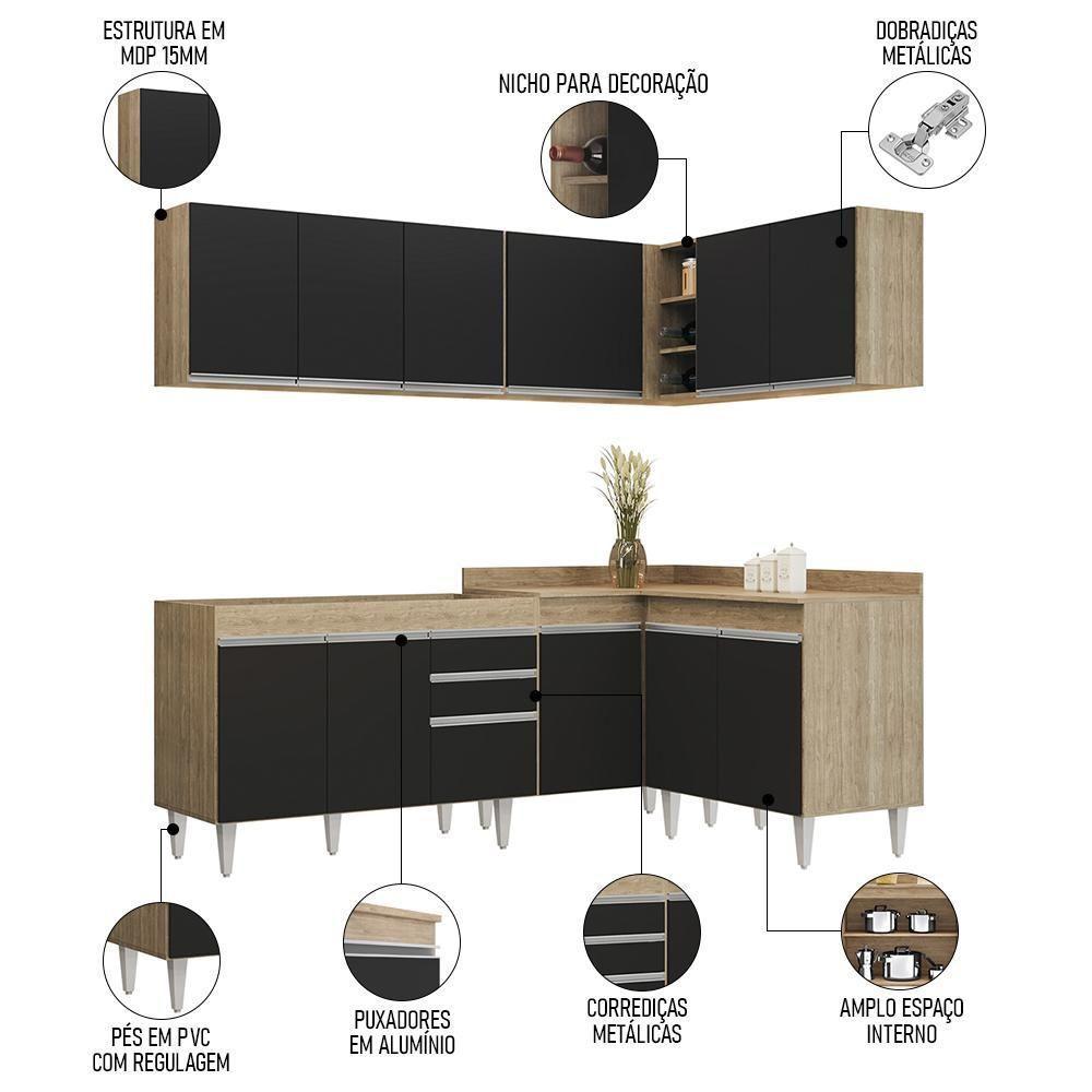 Armário De Cozinha Modulado De Canto 6 Peças Cp28 Balcão Sem Tampo Castanho/preto - Lumil - 3