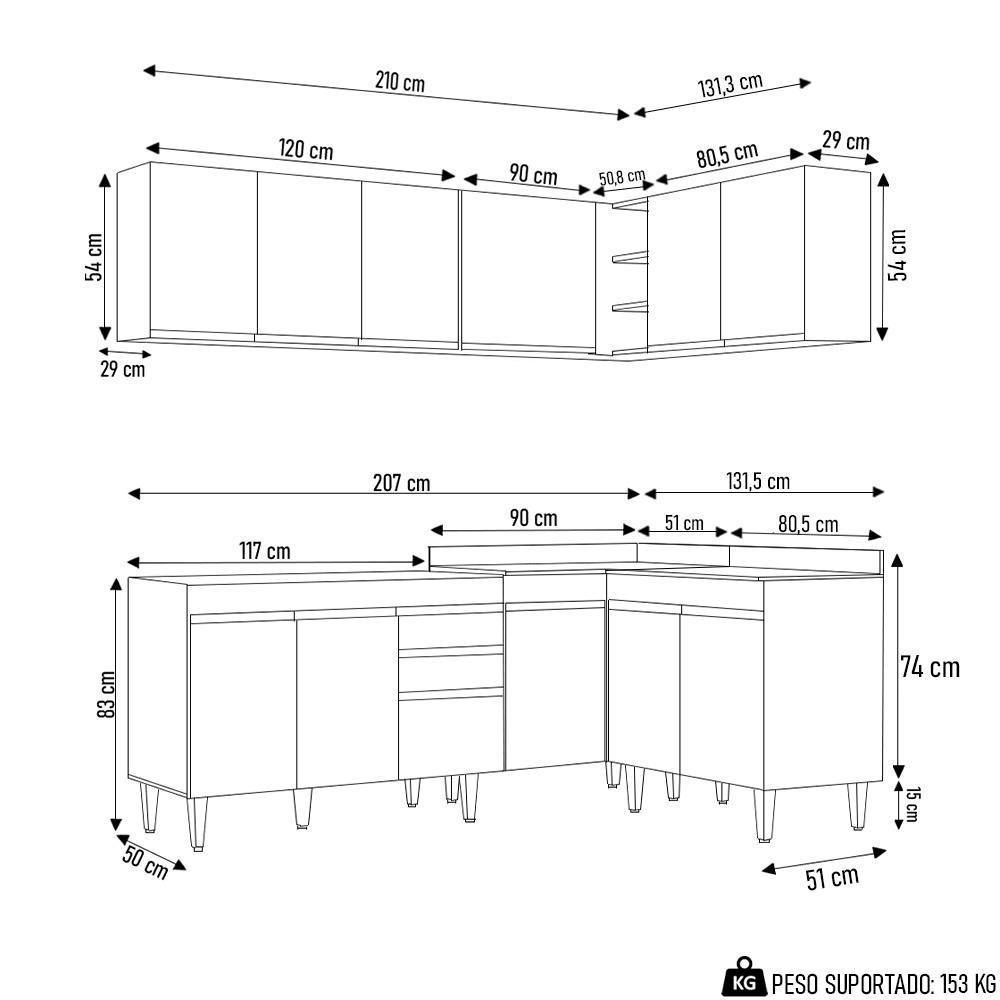 Armário De Cozinha Modulado De Canto 6 Peças Cp28 Balcão Sem Tampo Castanho/preto - Lumil - 4