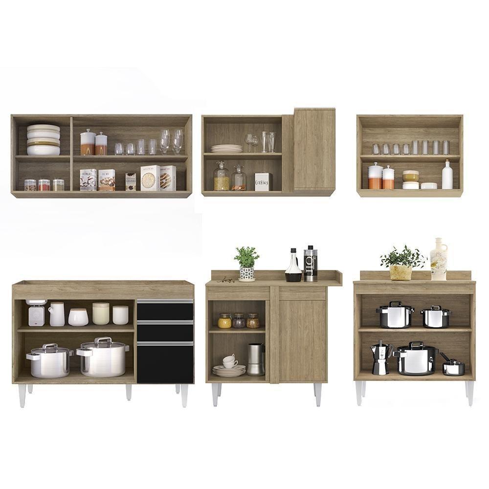 Armário De Cozinha Modulado De Canto 6 Peças Cp28 Balcão Sem Tampo Castanho/preto - Lumil - 6