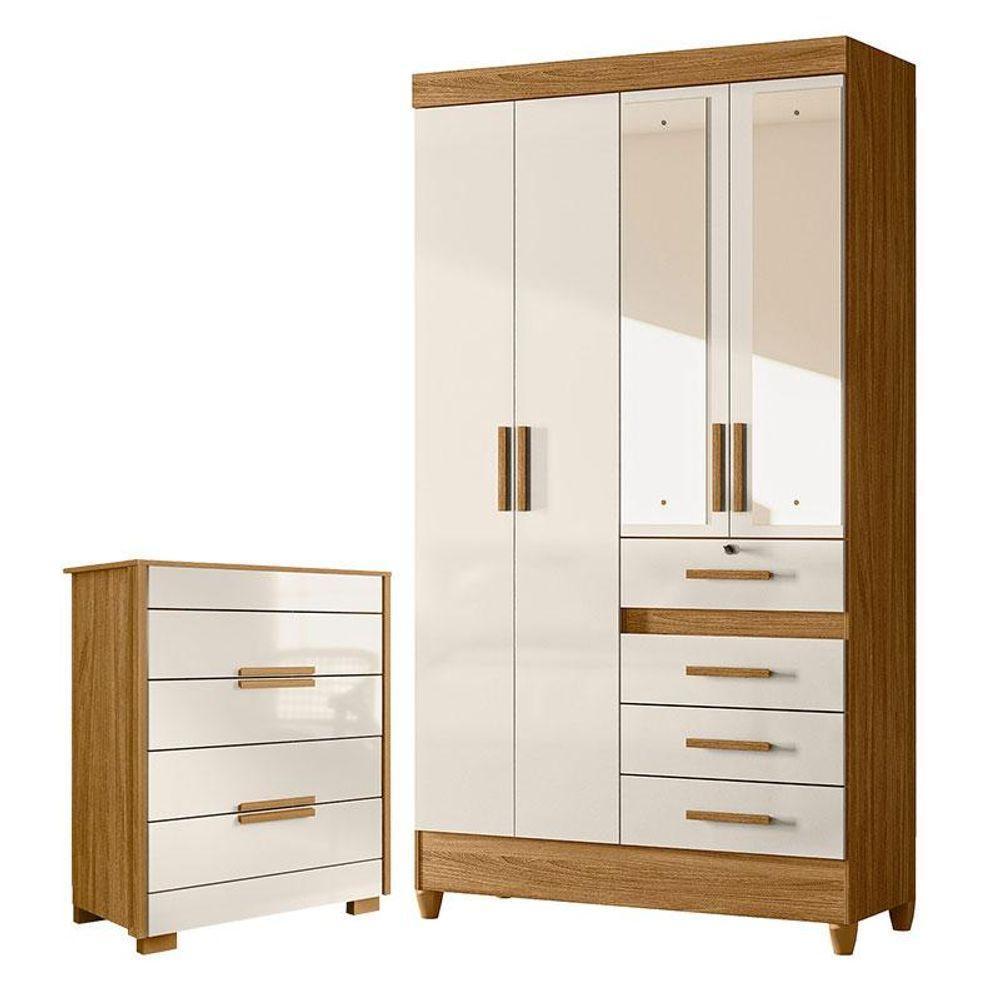 Guarda Roupa Solteiro Sobral Com Espelho E Cômoda Dhara Freijó Off White - Moval - 1