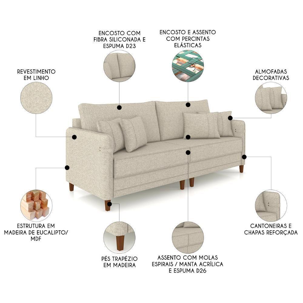Sofá 3 Lugares Living 232cm Pé Madeira Zoe Linho Cru Z08 - Mpozenato - 3
