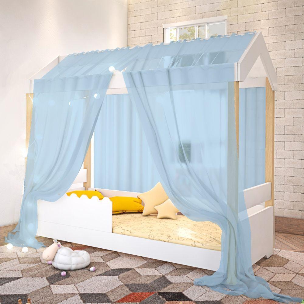 Cama De Solteiro Poppy Branco Com Voal Azul E Led - 1