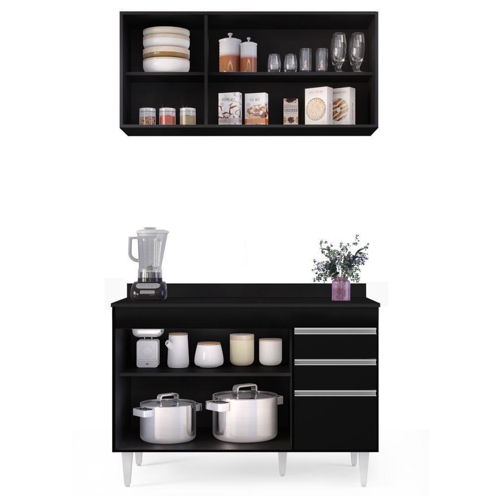 Armário Virgínia E Balcão Com Tampo Michigan 120cm Preto - Lumil - 3