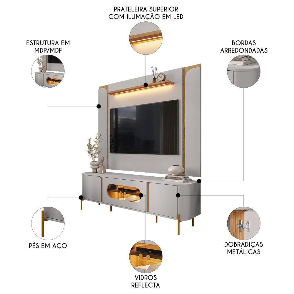 Painel TV 75 Polegadas Marina E Rack Com Led 180cm Ricky Off White Cinamomo B02 - Mpozenato - 3