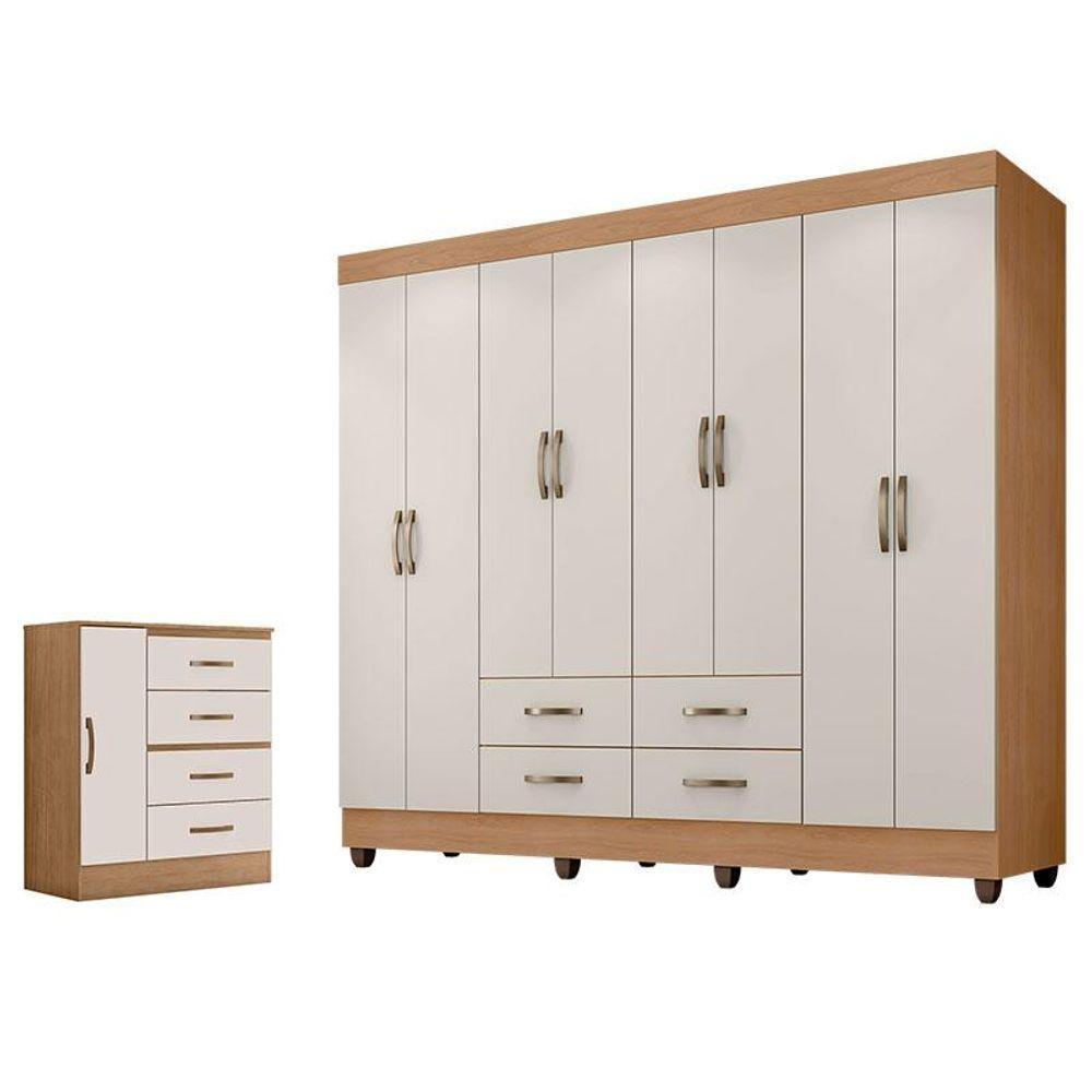 Guarda Roupa Casal Porto Com Cômoda Lite 4 Gavetas 1 Porta Nature Off White - Móveis Leão - 1