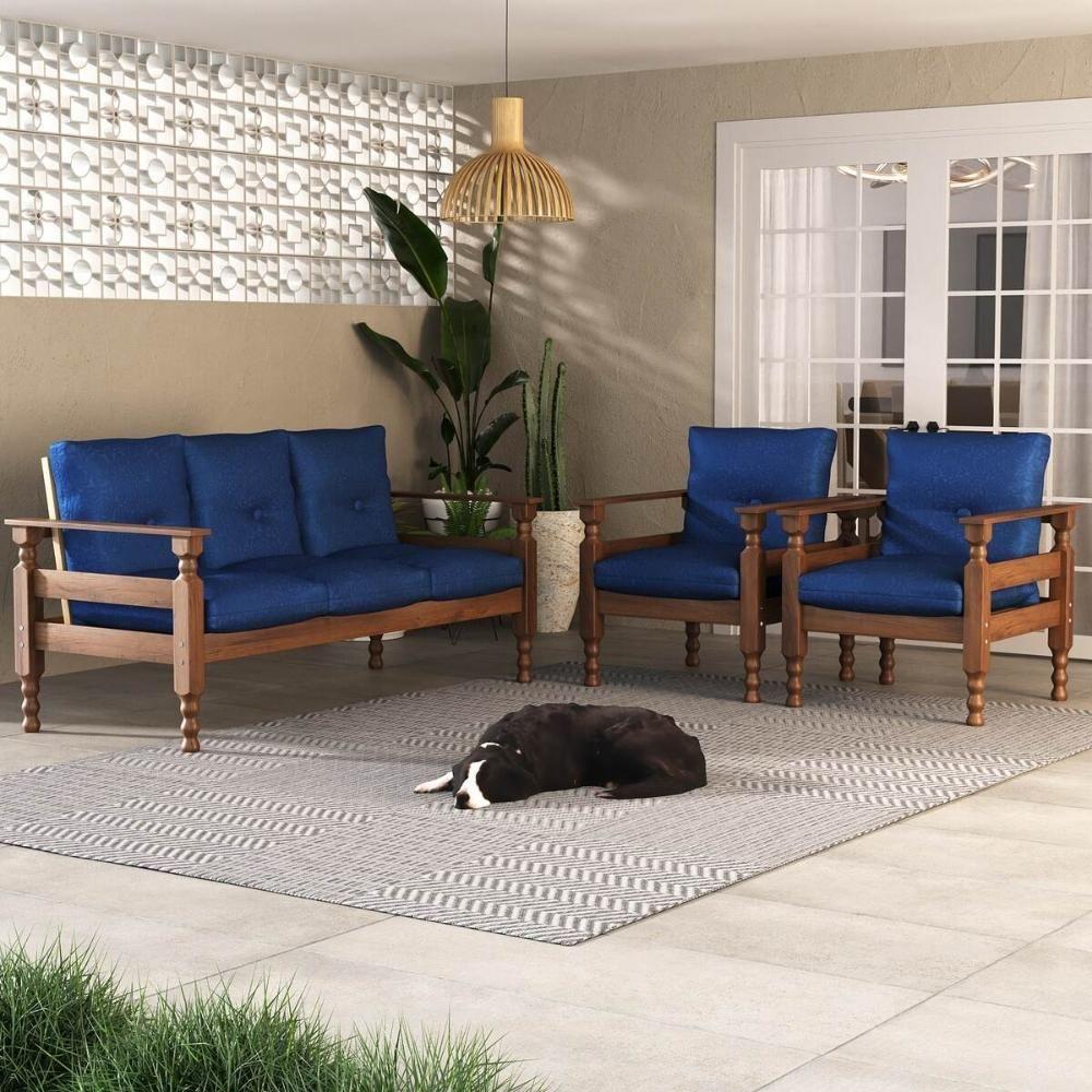 Jogo Sofá Madeira Maciça 3 Lugares E 2 Poltronas Liz Multimóveis Cr7001 Azul - 1