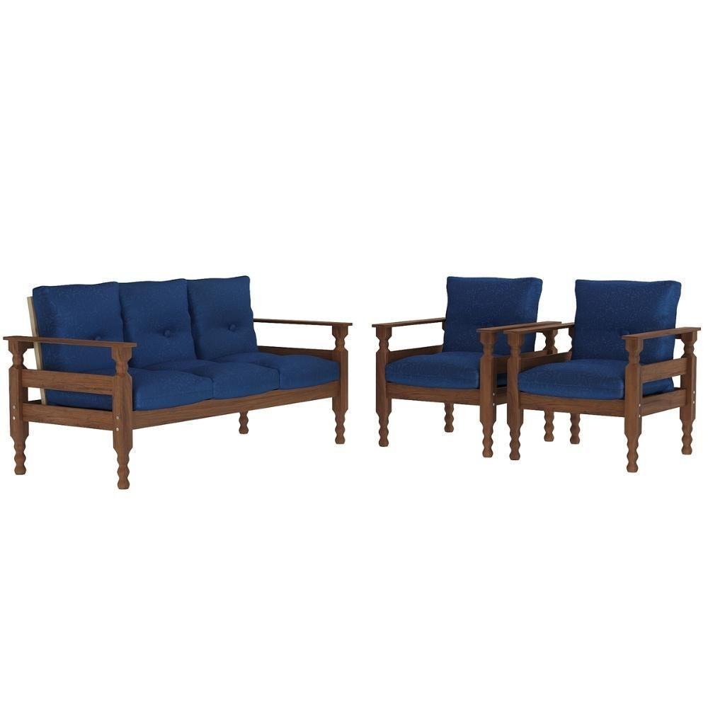 Jogo Sofá Madeira Maciça 3 Lugares E 2 Poltronas Liz Multimóveis Cr7001 Azul - 2