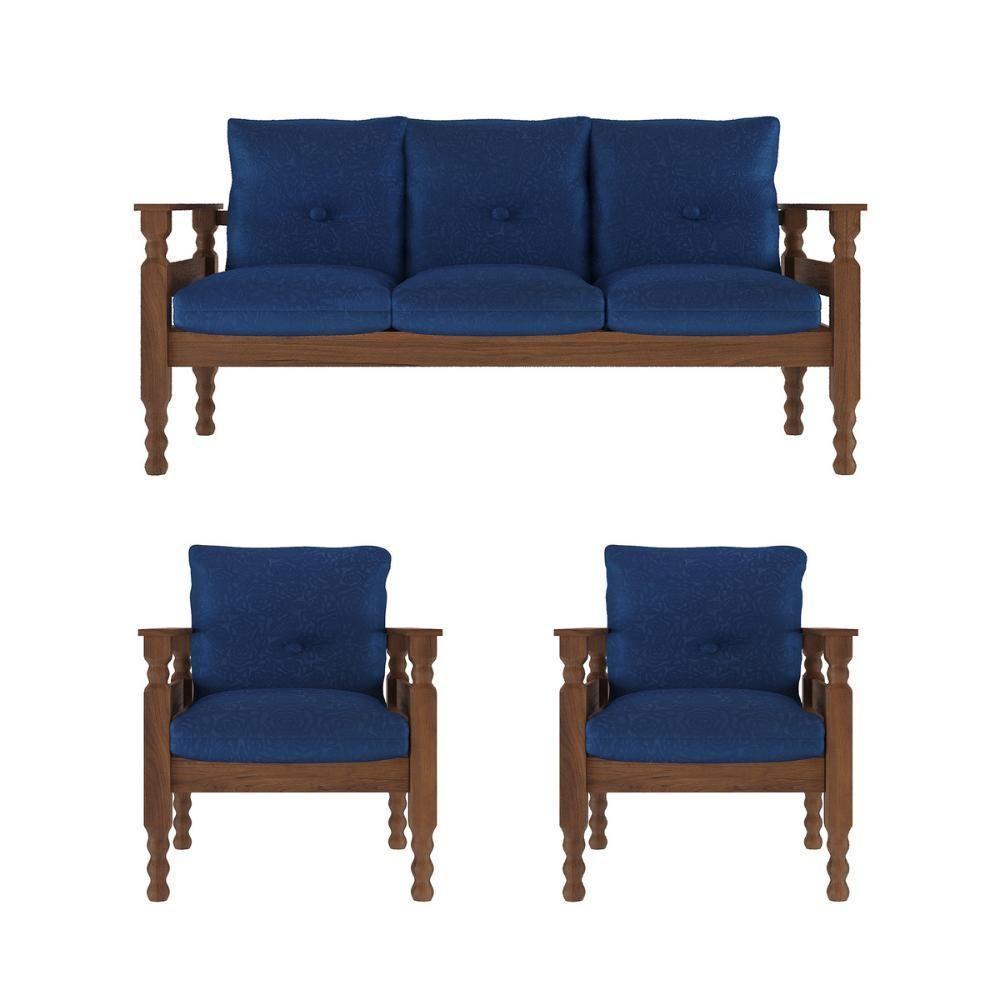 Jogo Sofá Madeira Maciça 3 Lugares E 2 Poltronas Liz Multimóveis Cr7001 Azul - 4