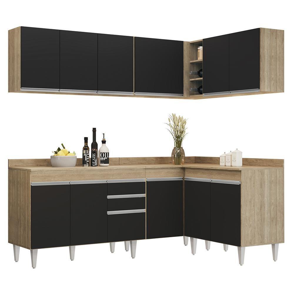 Armário De Cozinha Modulado De Canto 6 Peças Cp29 Balcão Com Tampo Castanho/preto - Lumil - 1