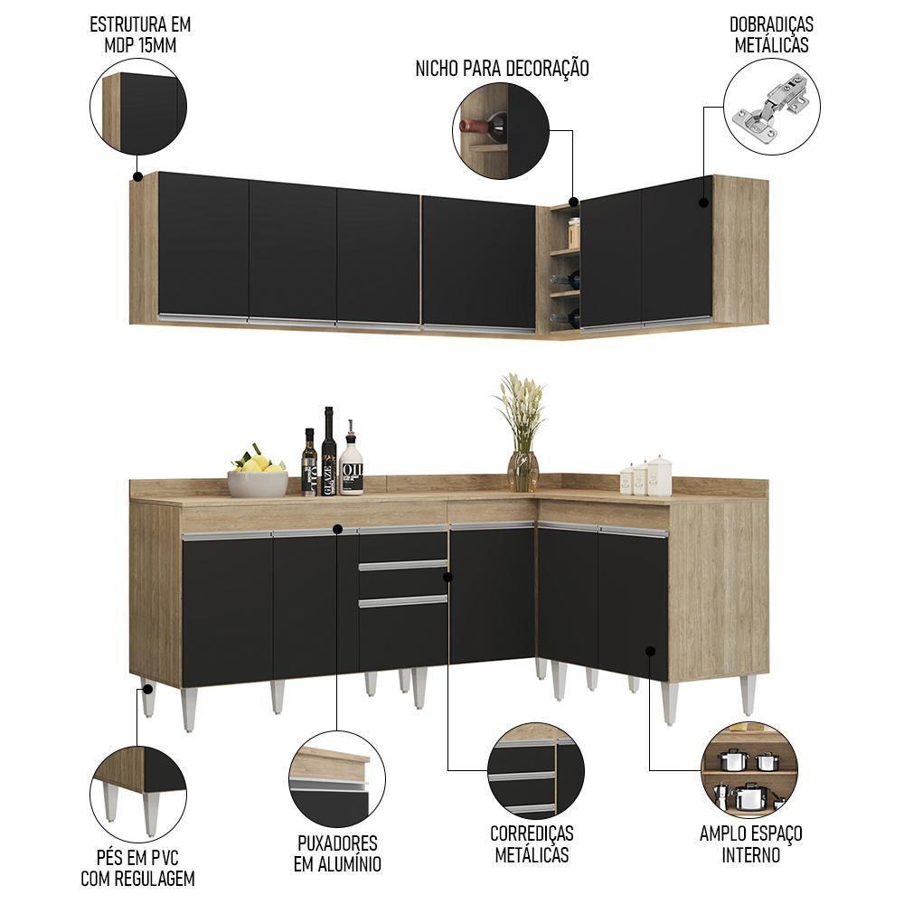 Armário De Cozinha Modulado De Canto 6 Peças Cp29 Balcão Com Tampo Castanho/preto - Lumil - 3