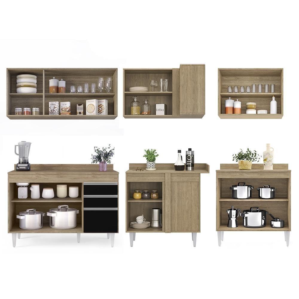 Armário De Cozinha Modulado De Canto 6 Peças Cp29 Balcão Com Tampo Castanho/preto - Lumil - 6