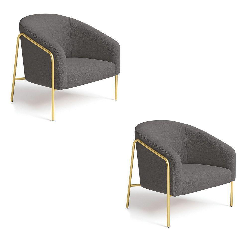 Poltrona Sala Industrial Alta Dourado Kit 2 Stella Bouclê Grafite D03 - D'rossi - 2