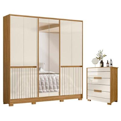 Guarda Roupa Casal e Cômoda Alasca Dhara 10 Portas 4 Gavetas MDP com Espelho Freijó Off White