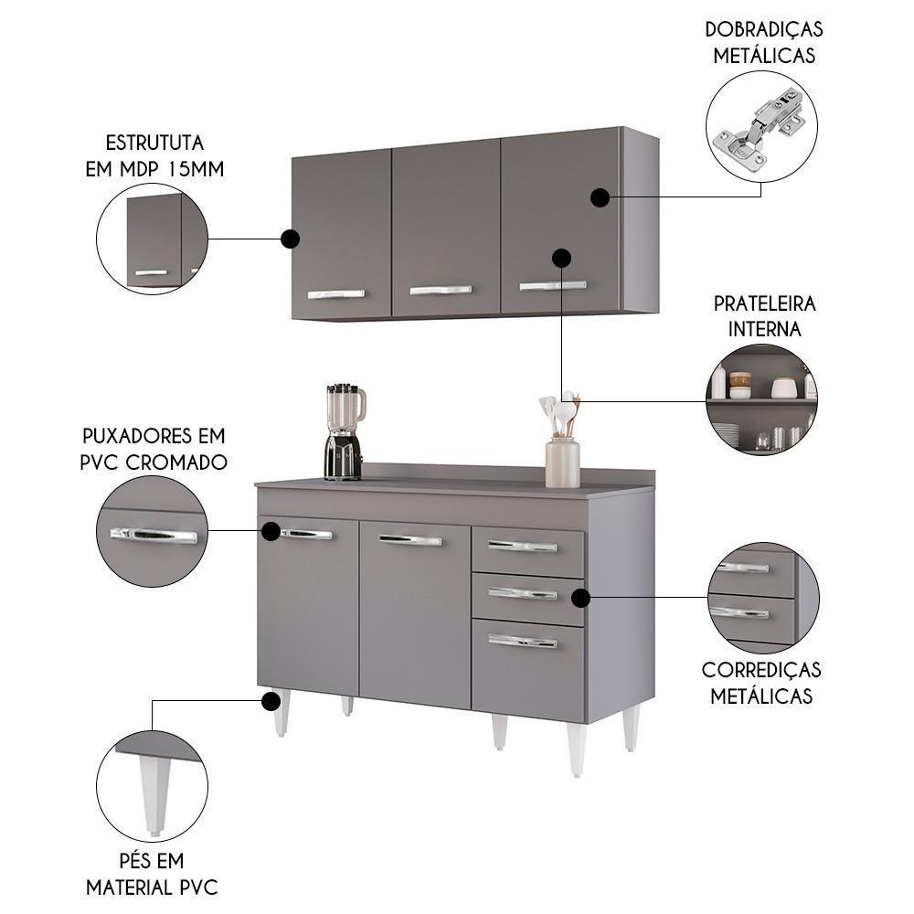 Armário Aéreo Honduras E Balcão Gabinete Com Tampo 120cm Suécia Cinza - Lumil - 3