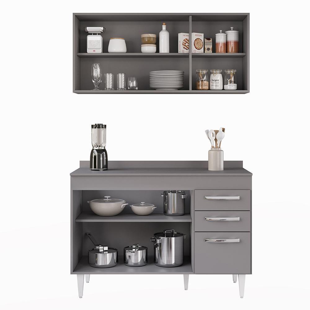 Armário Aéreo Honduras E Balcão Gabinete Com Tampo 120cm Suécia Cinza - Lumil - 6