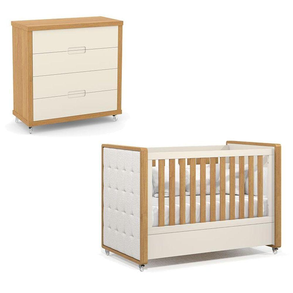 Berço Americano Com Capitonê New Boucle E Cômoda Gaveteiro Infantil Tutto New Freijó Off White - Matic - 1
