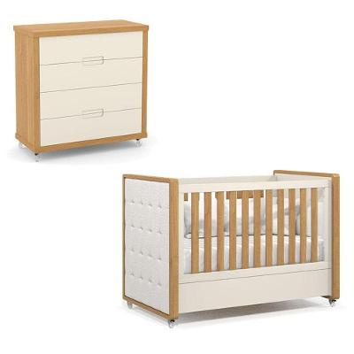 Berço Americano com Capitonê e Cômoda Gaveteiro Infantil Tutto New Freijó Off White 4 Gavetas MDF