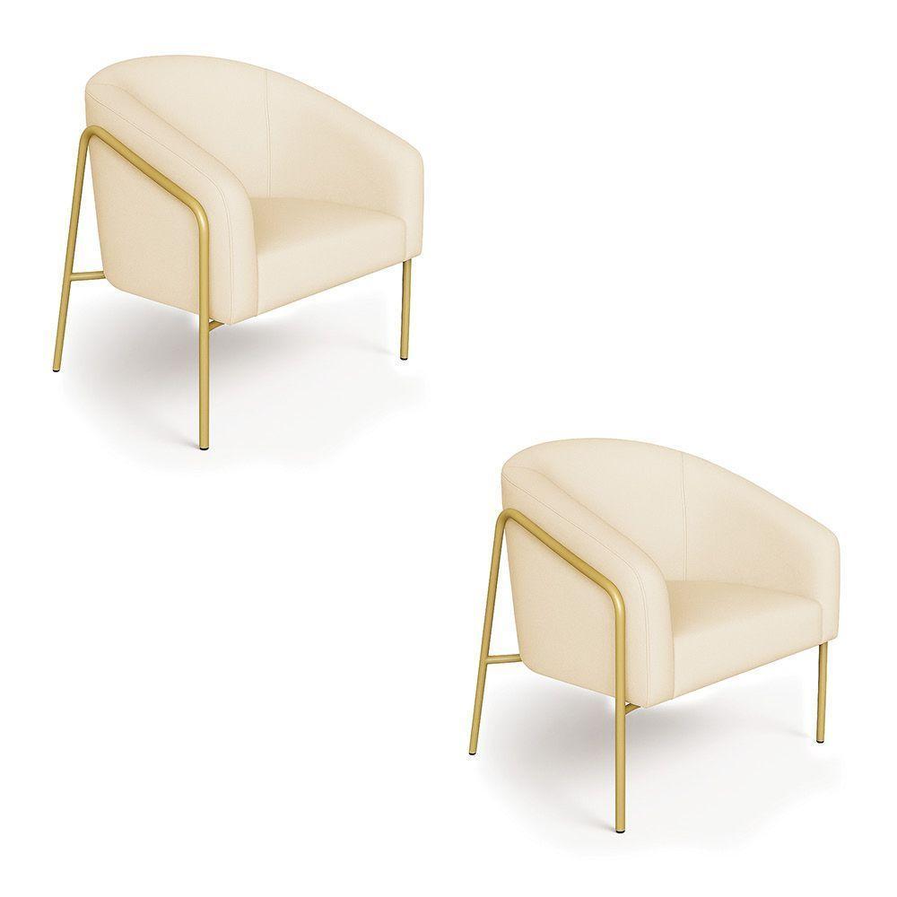 Poltrona Sala Industrial Alta Dourado Kit 2 Stella Linho Bege D03 - D'rossi - 2