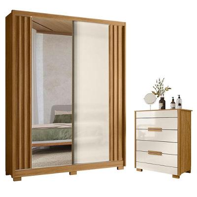 Guarda Roupa Solteiro Colorado E Cômoda Dhara Freijó Off White Com Espelho - Moval