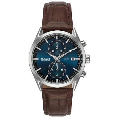 Relógio Seculus Cronógrafo 77307g0svnc1 Vidro Abaulado Couro Prata